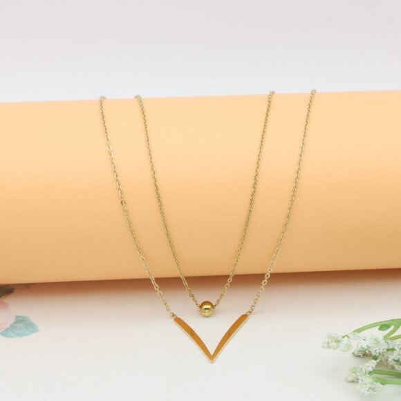 Layered Yellow Necklace with V-Shaped Pendant and Gold Bead, XPNL0370 - Picture 9 of 13